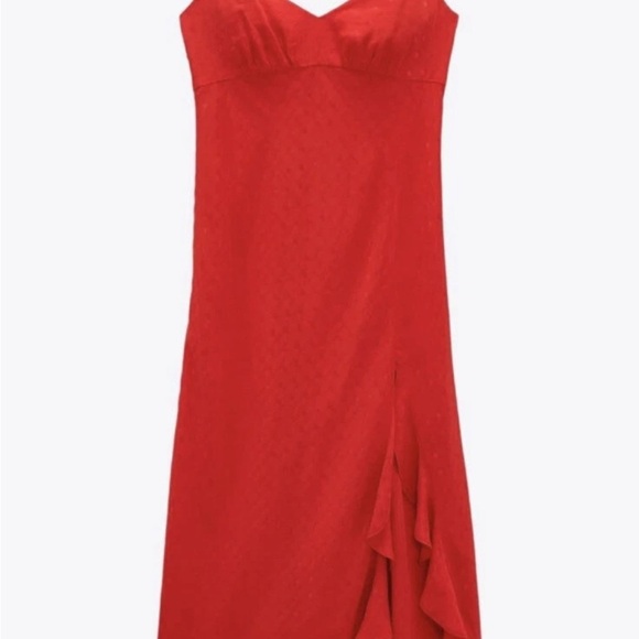 New ZARA JACQUARD DOTTED SLIP DRESS RUFFLE TRIM RED Size XS - Picture 5 of 12